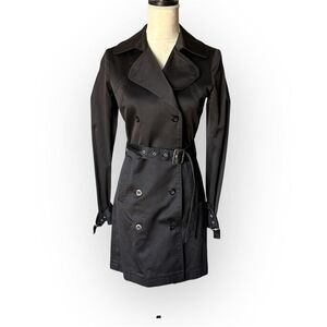 Saba Black Double Breasted Satin Finish Trench Coat Belted size Small Classic